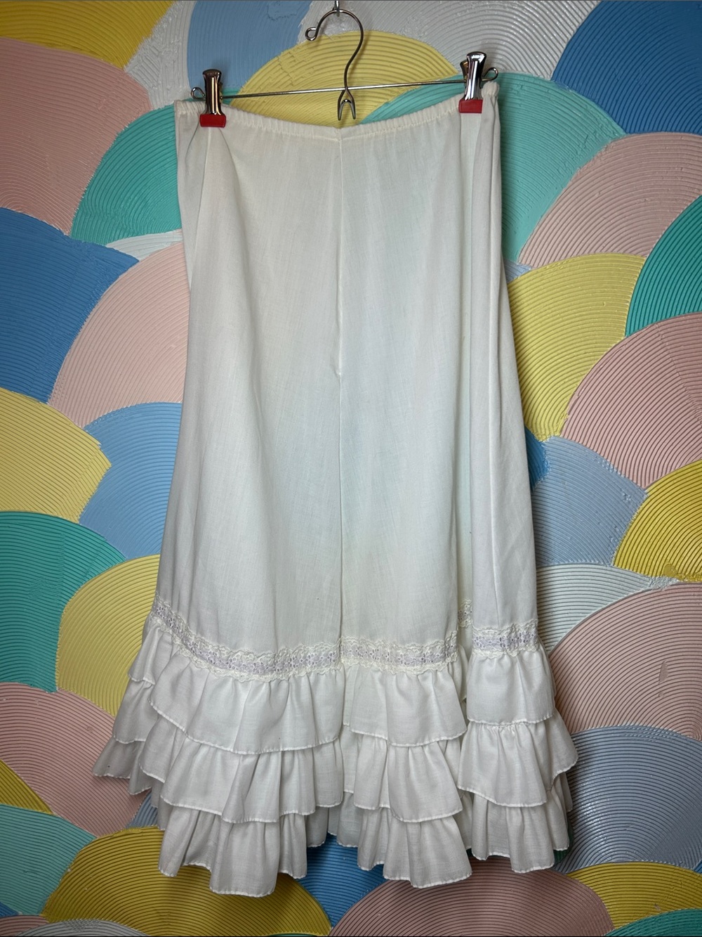 Vintage White Maxi Skirt with Layered Ruffle Hem light purple ribbon under slip